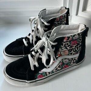 Black Suede and Floral Hightop Vans Kids 3.5